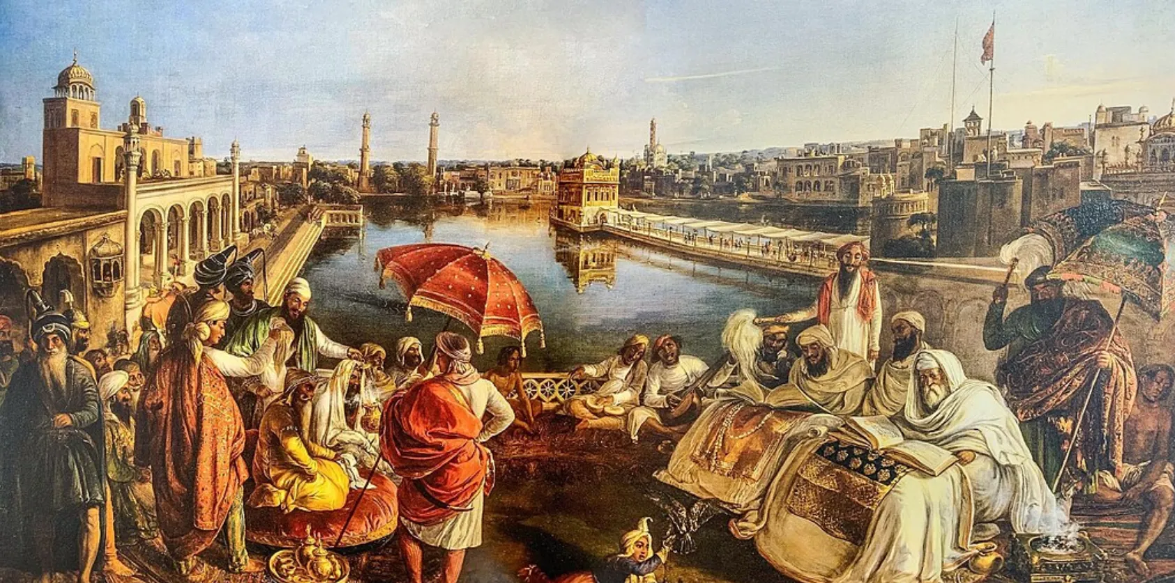 Painting of Maharaja Ranjit Singh at the Darbar Sahib by August Schoefft